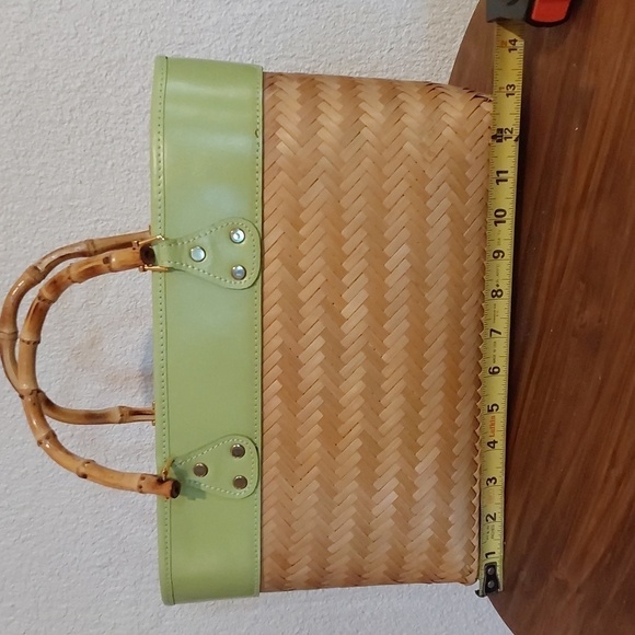 Green & Rattan Straw TOTE bag Bamboo Handles Polka-dot interior Medium Size - Picture 6 of 8